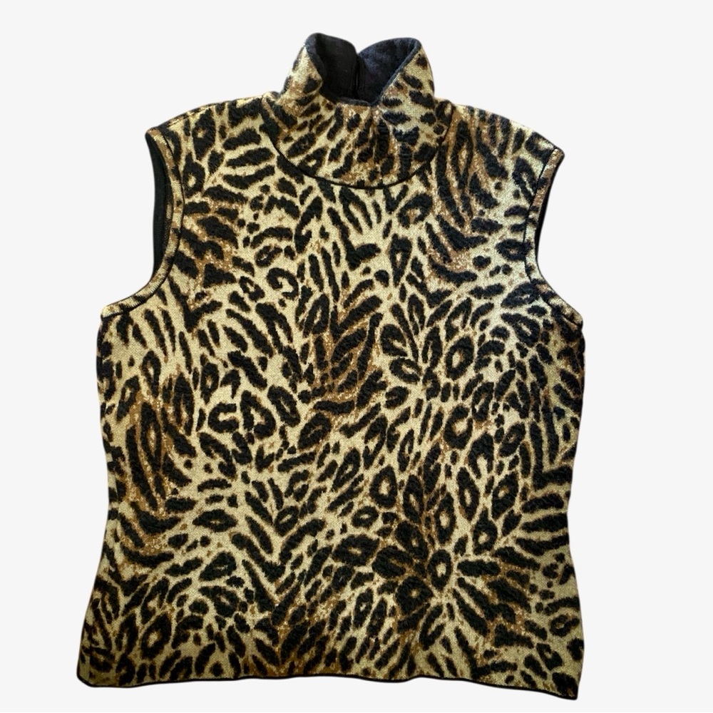 ESCADA Sweater Vest Black Brown Animal Leopard Print Mock Neck Sleeveless Top